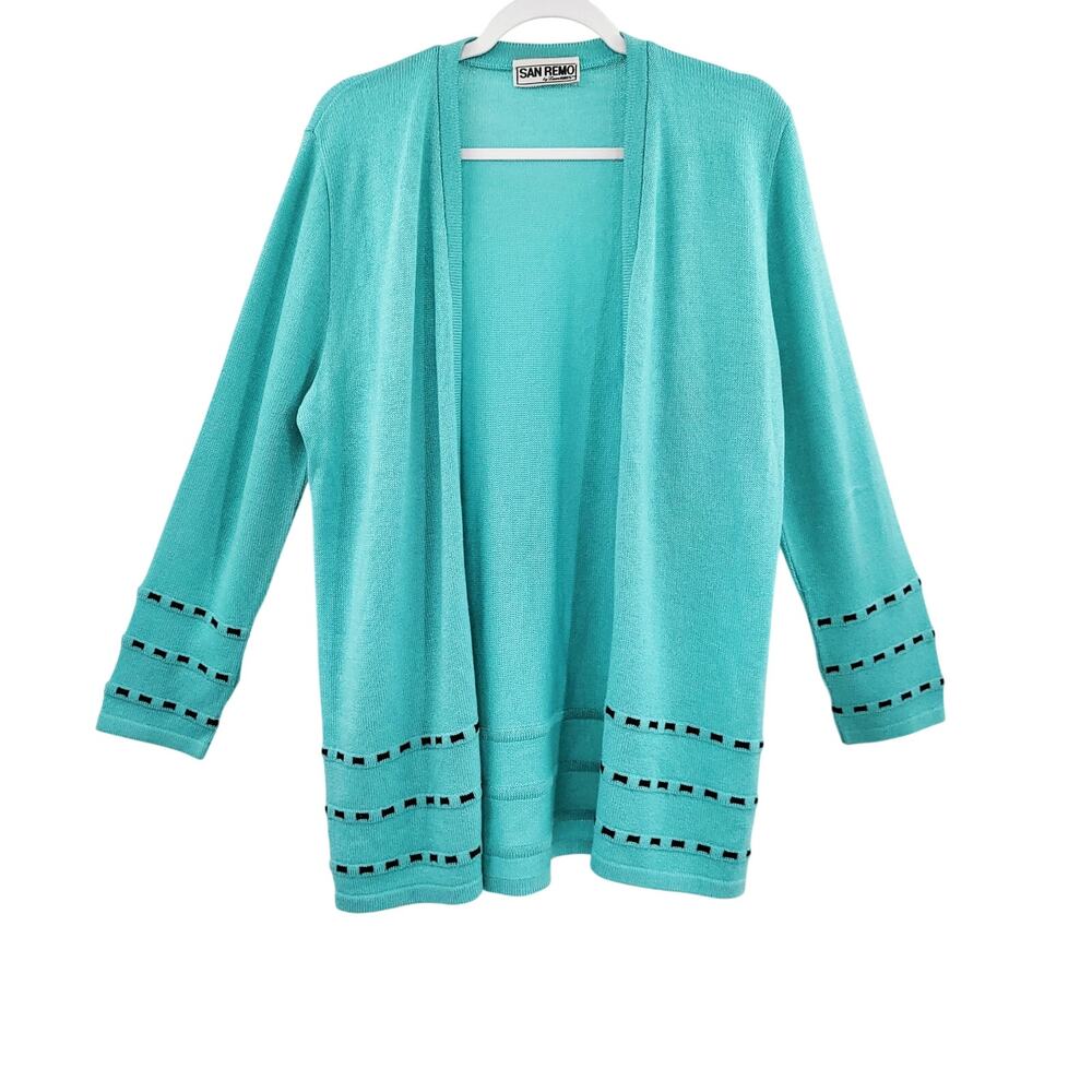 VTG San Remo by Laura Knits Womens Size M Blue Embroidered Knit Cardigan Sweater
